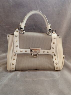 Salvatore Ferragamo Cream & Beige Stud-Trim Top-Handle Satchel